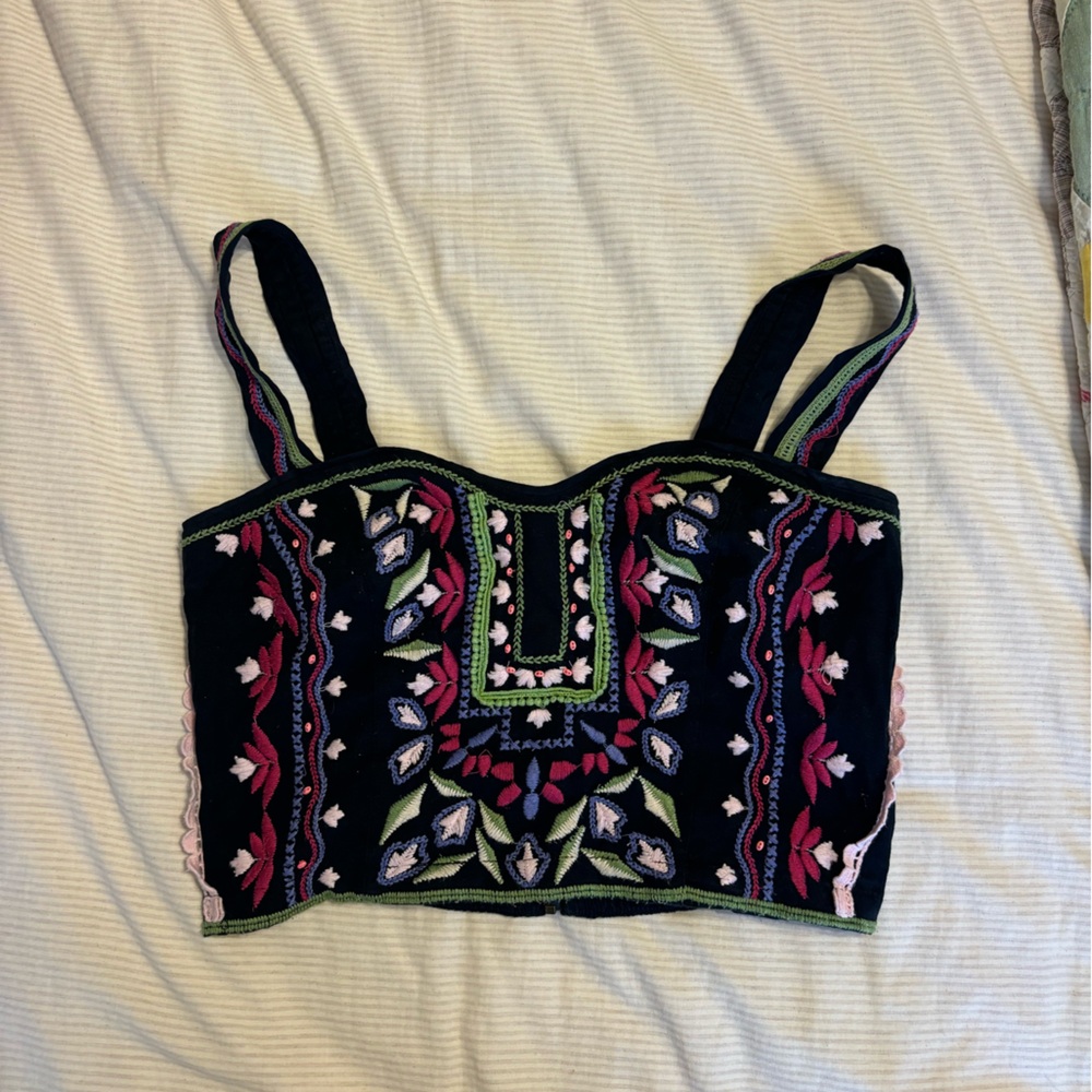 Anthropologie Black Embroidered Floral Crop Top